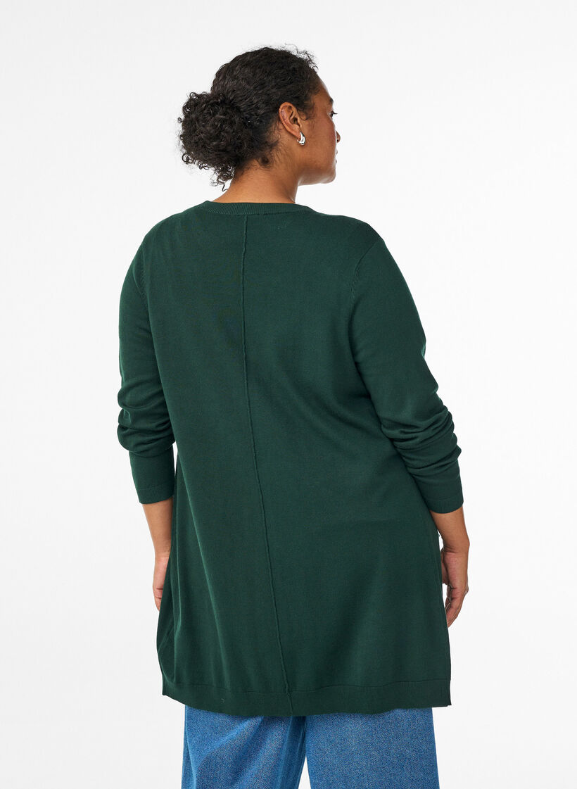 Long cardigan tricot&eacute; en m&eacute;lange de viscose, Vert fonc&eacute;, Model image number 2