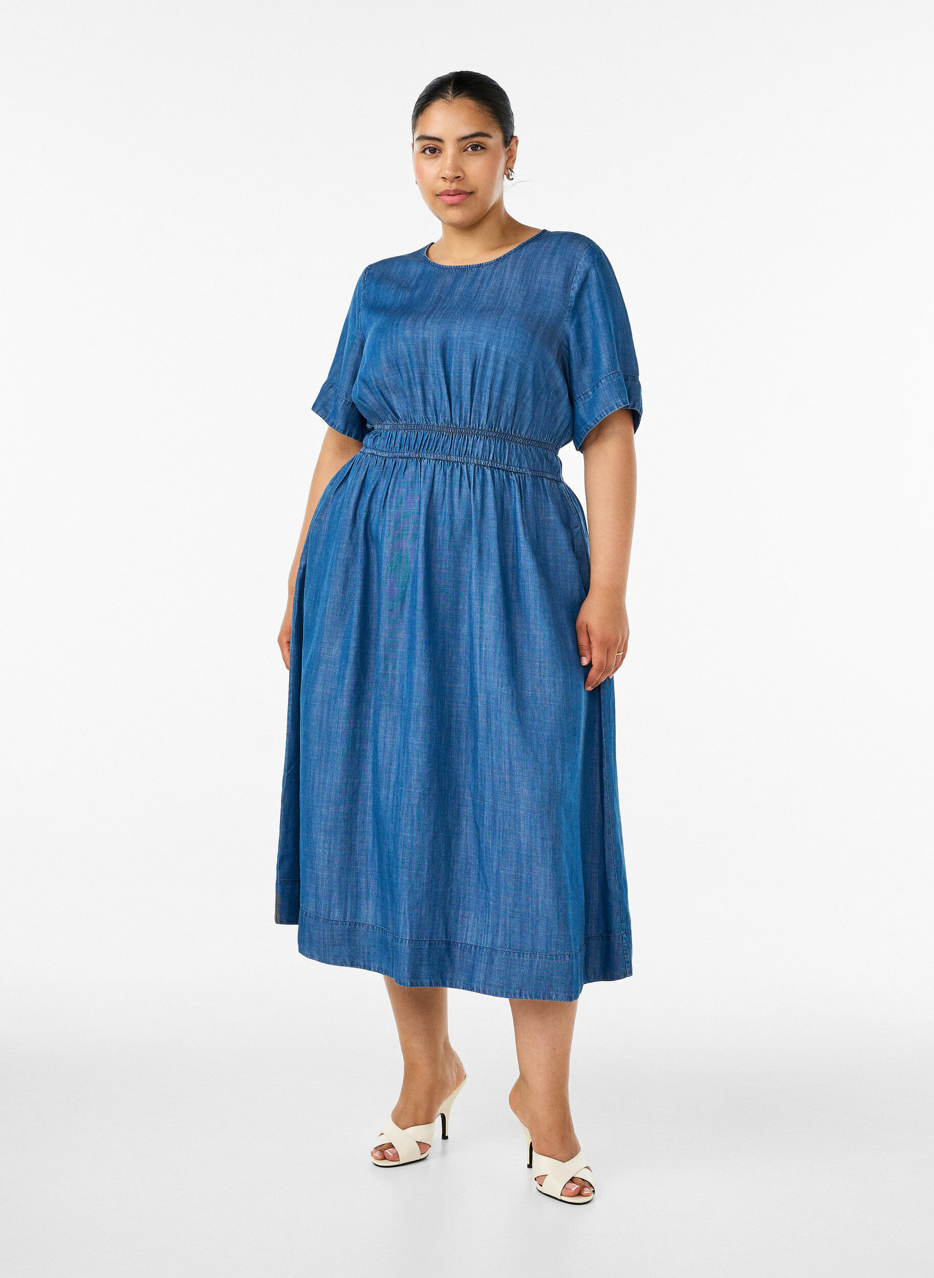 ZizziRobe midi aspect denim avec taille &eacute;lastique, Bleu, Model image number 0