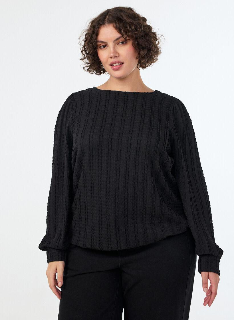 Blouse en jersey textur&eacute; &agrave; la silhouette ballon, Noir, Model image number 0
