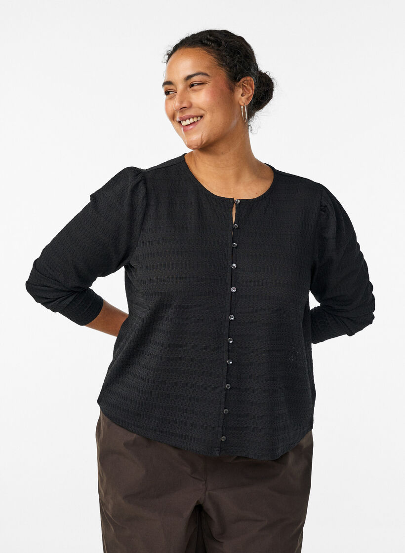 Blouse avec motif textur&eacute; et fermeture boutonn&eacute;e, Noir, Model image number 0