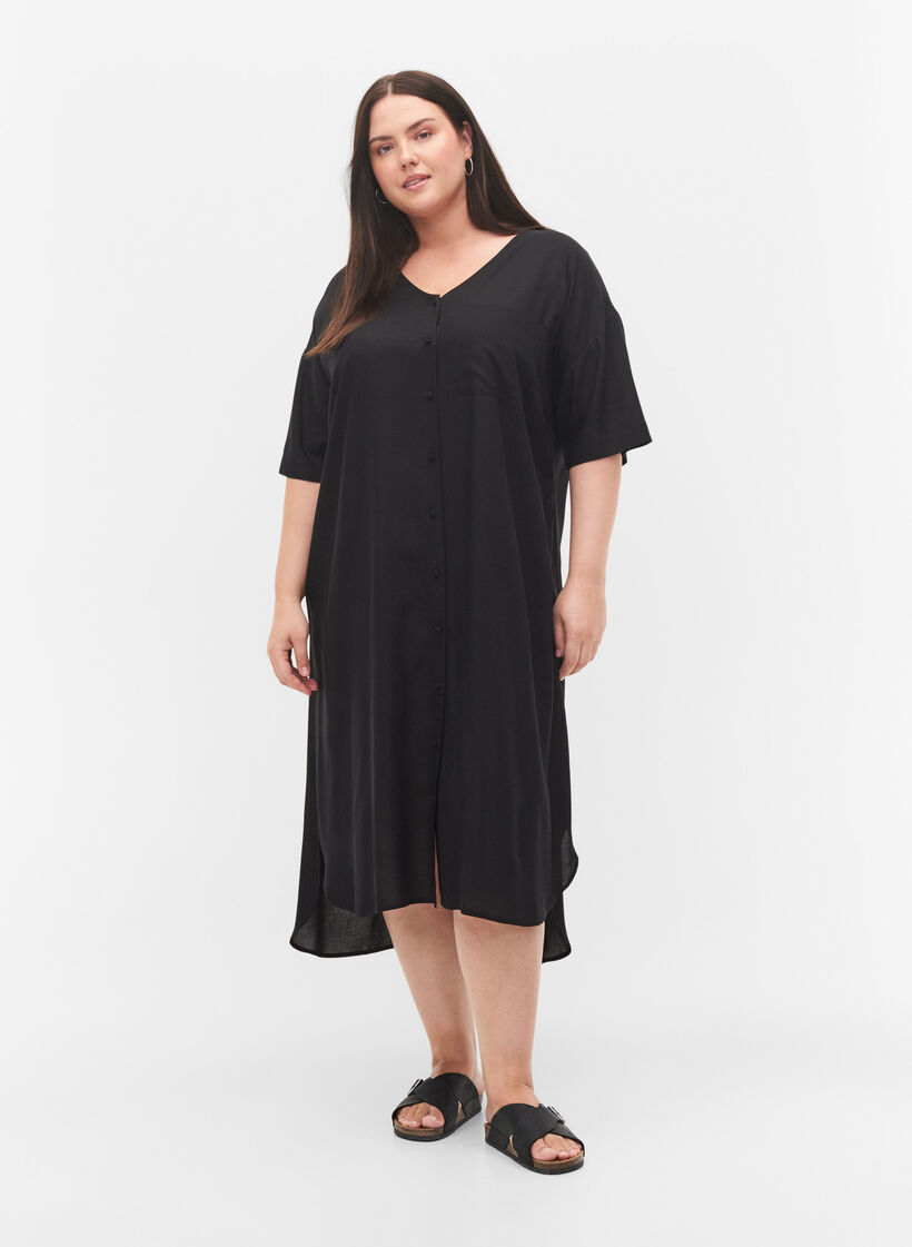 Robe chemise à manches courtes en viscose, Black, Model image number 2