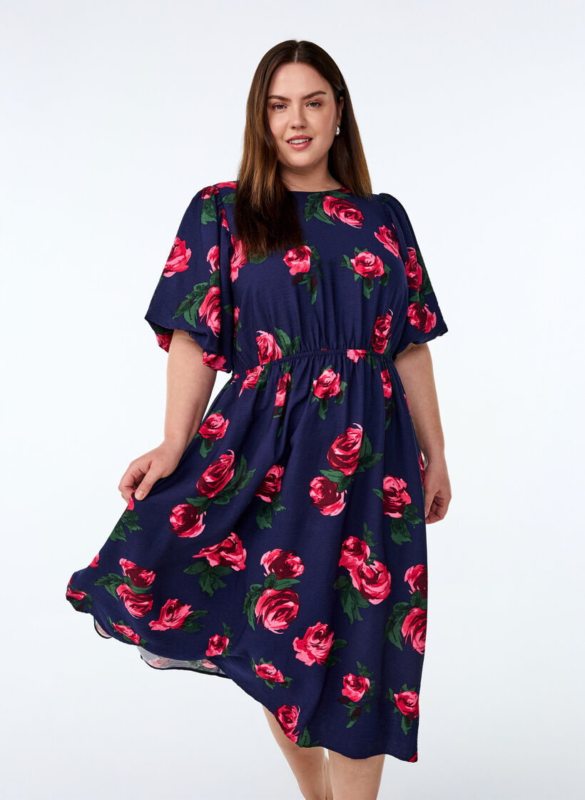 Robe midi &agrave; imprim&eacute; roses et manches courtes bouffantes, Bleu, Model image number 0