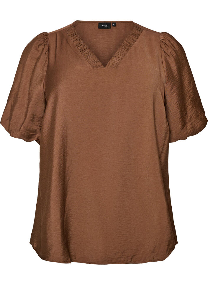 Blouse avec manches ballon et col en V, Marron, Packshot image number 0