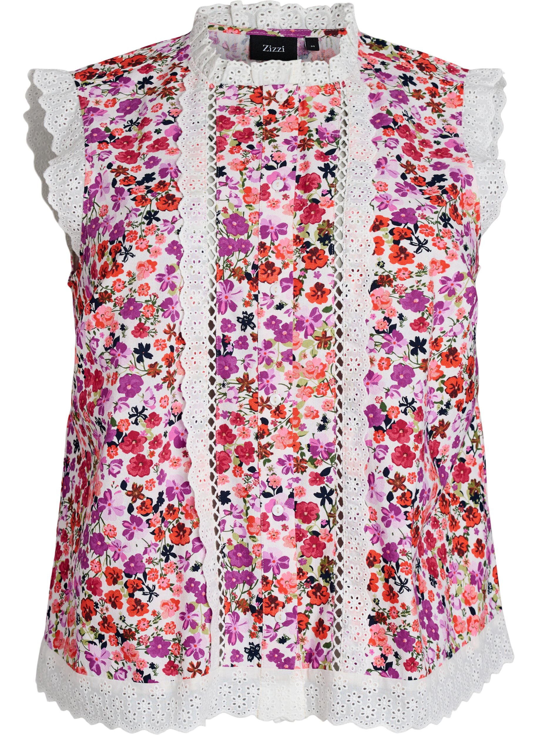 Zizzi Blouse sans manches en coton avec imprim&eacute; floral et broderie anglaise, Rose, Packshot image number 0