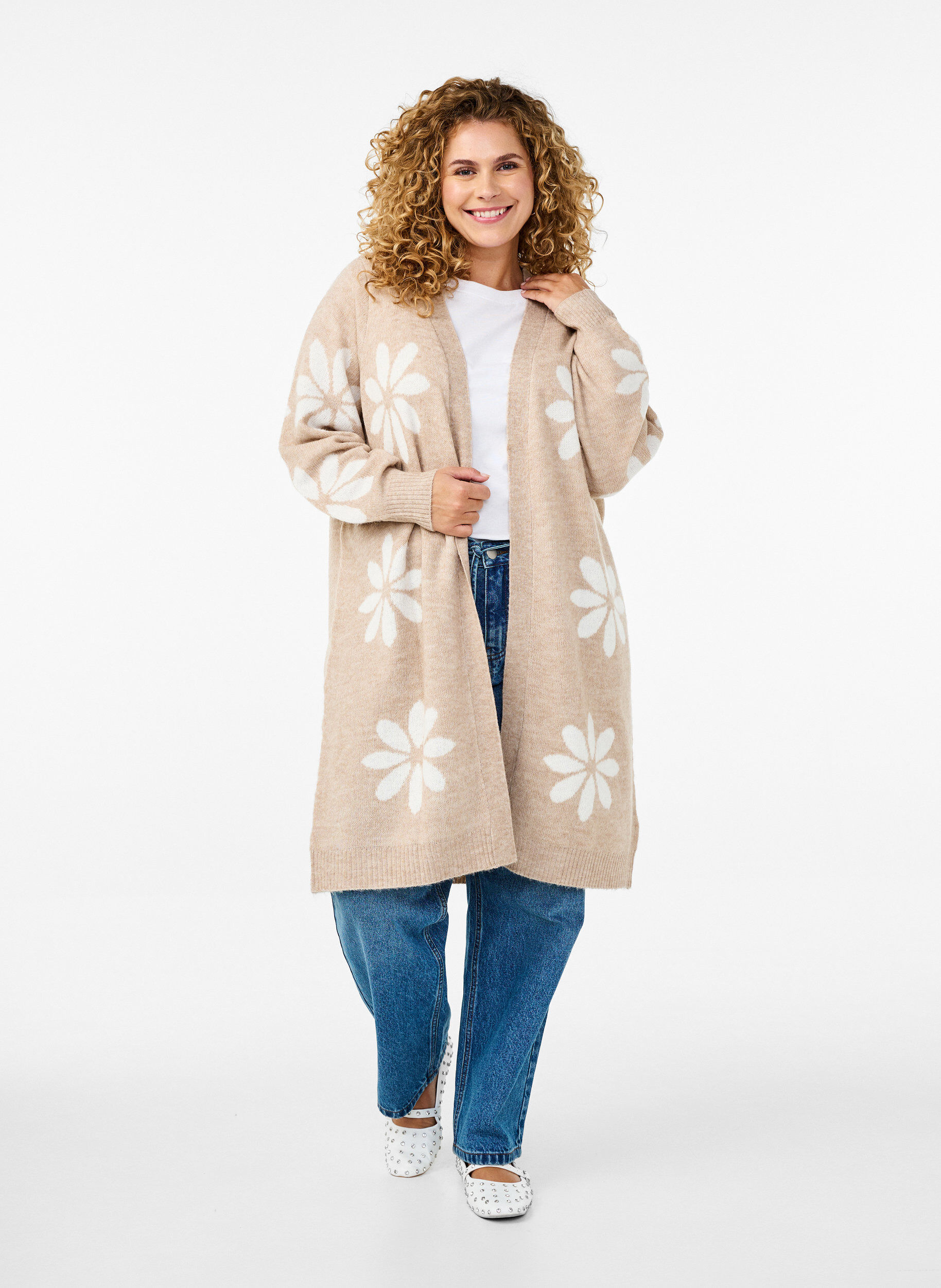 Zizzi Cardigan long en maille avec des fleurs, Simply Taupe Comb, Model image number 3
