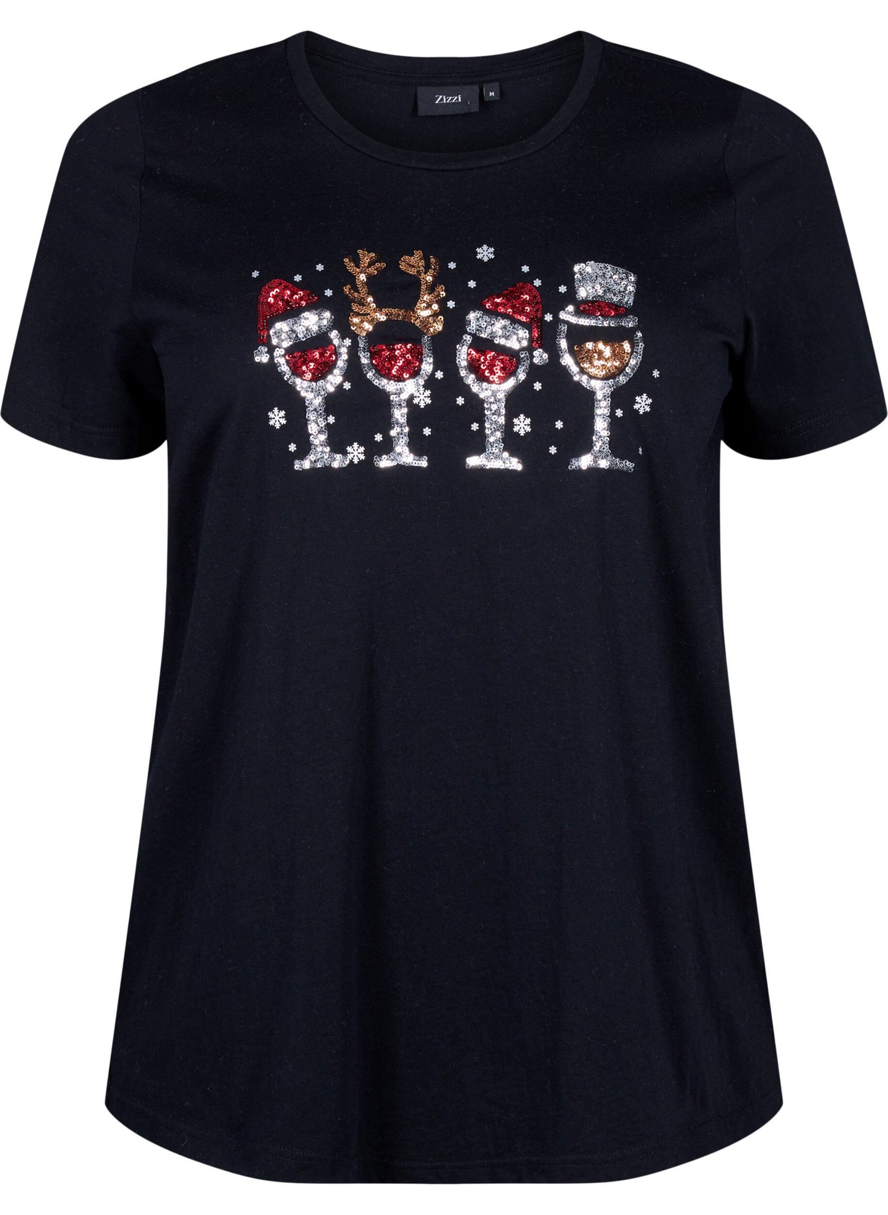Zizzi T-shirts de No&euml;l en 100 % coton, Black w. Drinks, Packshot image number 0