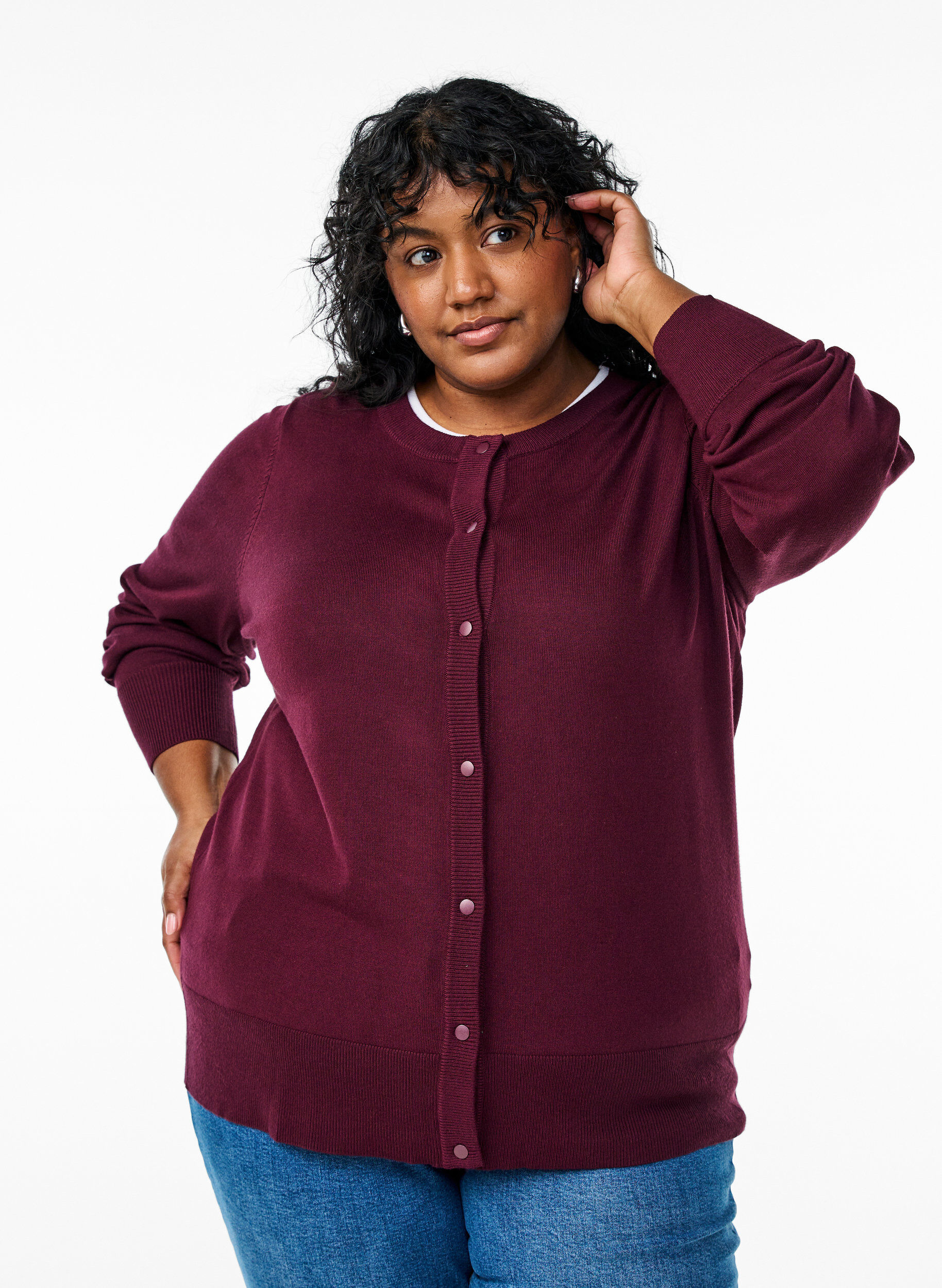 Zizzi Cardigan en tricot avec col rond et boutons, Bordeaux, Model image number 0