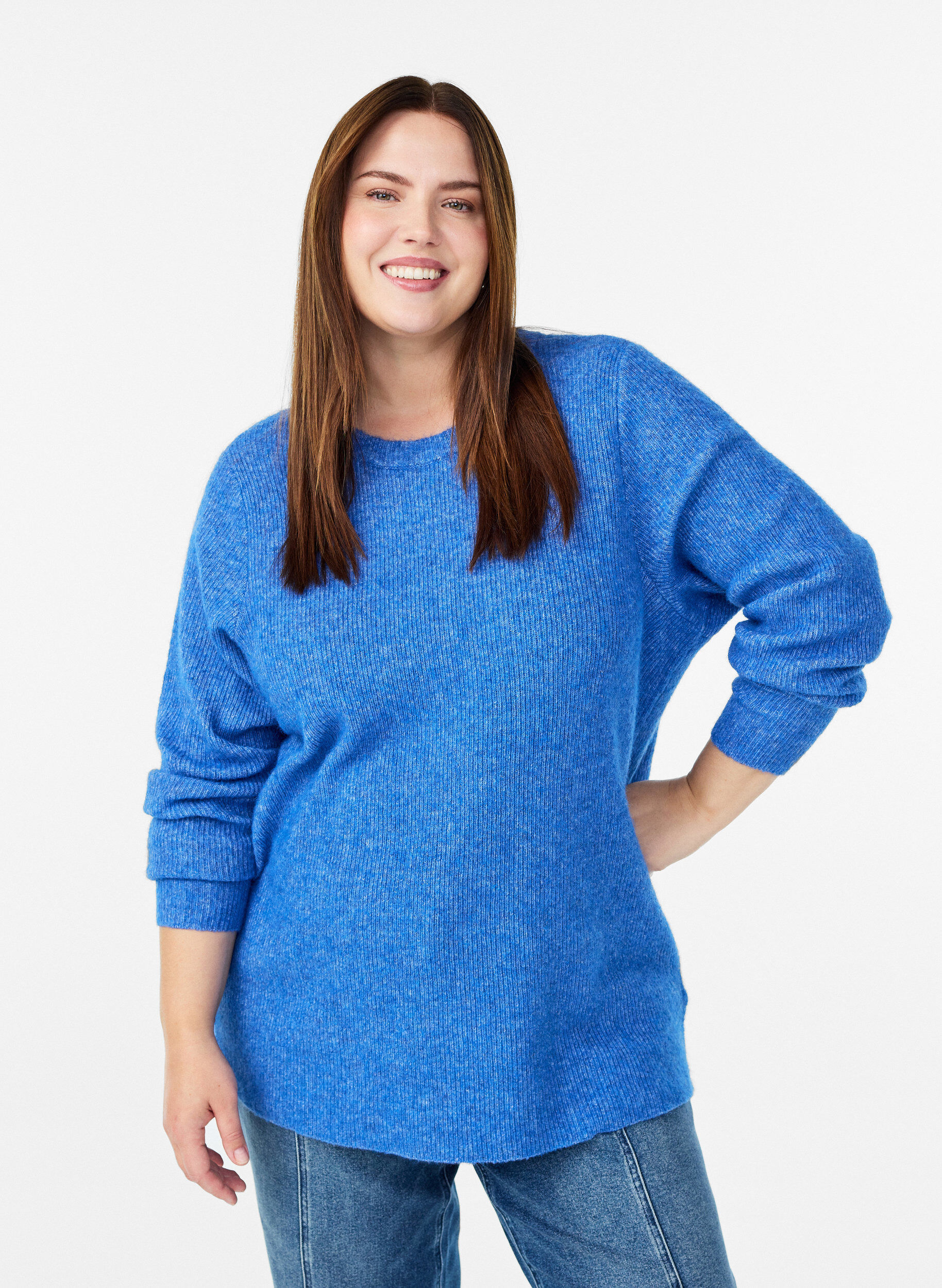 Blouse en maille chin&eacute;e &agrave; col rond, Bleu, Model