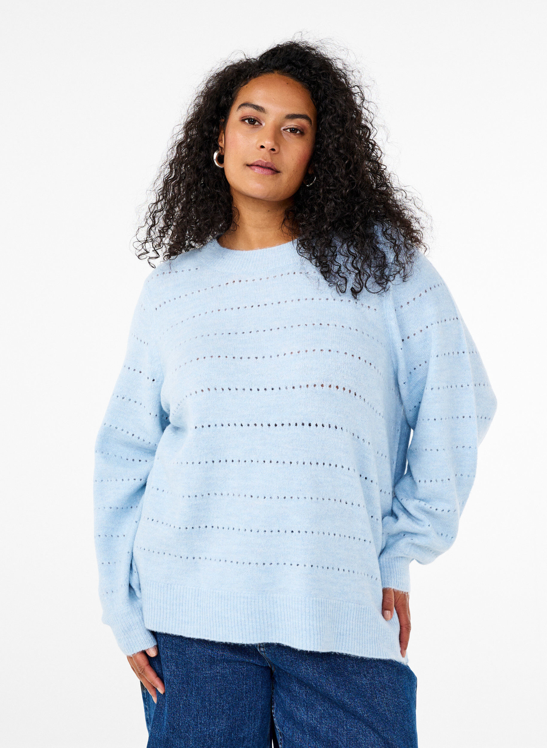 Zizzi Chemisier en maille avec col rond et motif en dentelle, Cashmere Blue Mel., Model image number 0