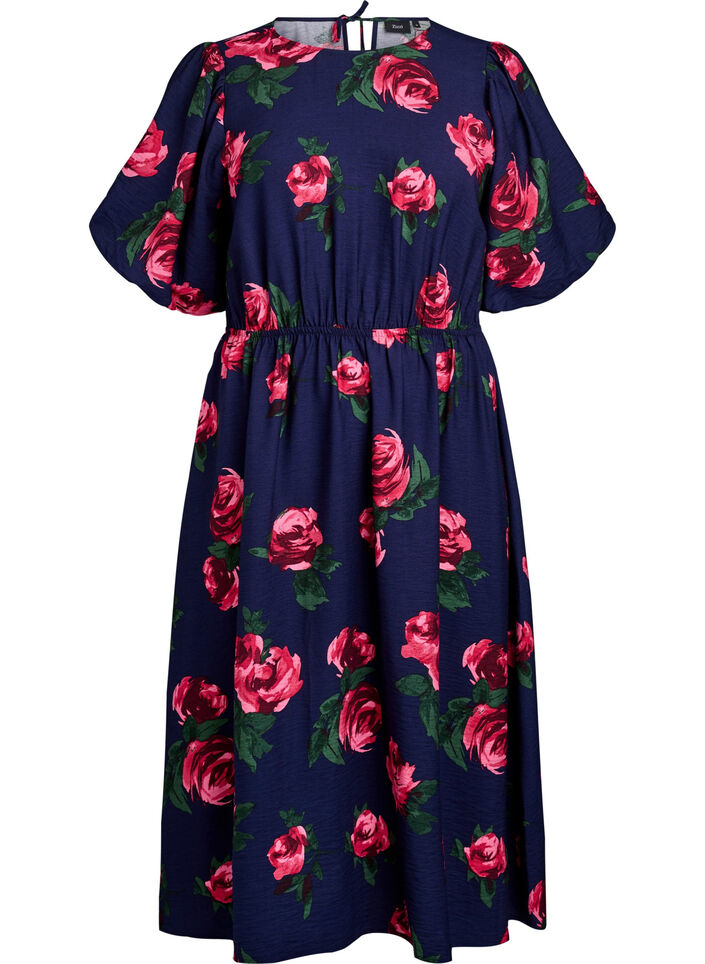 Robe midi &agrave; imprim&eacute; roses et manches courtes bouffantes, Bleu, Packshot image number 0
