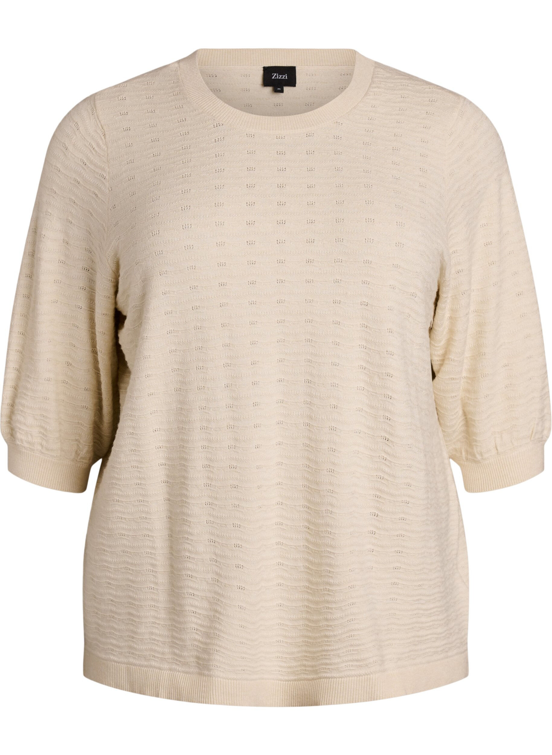 Zizzi Blouse en maille textur&eacute;e &agrave; manches courtes, Beige, Packshot image number 0