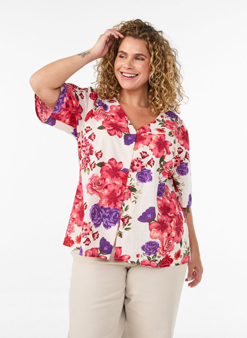 Chemise en coton &agrave; manches courtes avec col V, Rouge, Model image number 0