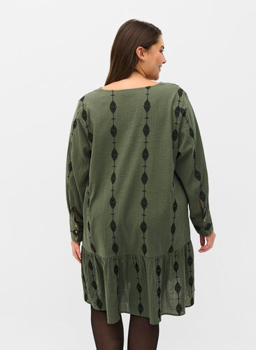 Robe en coton à motifs avec col en V et manches longues, Thyme, Model image number 1
