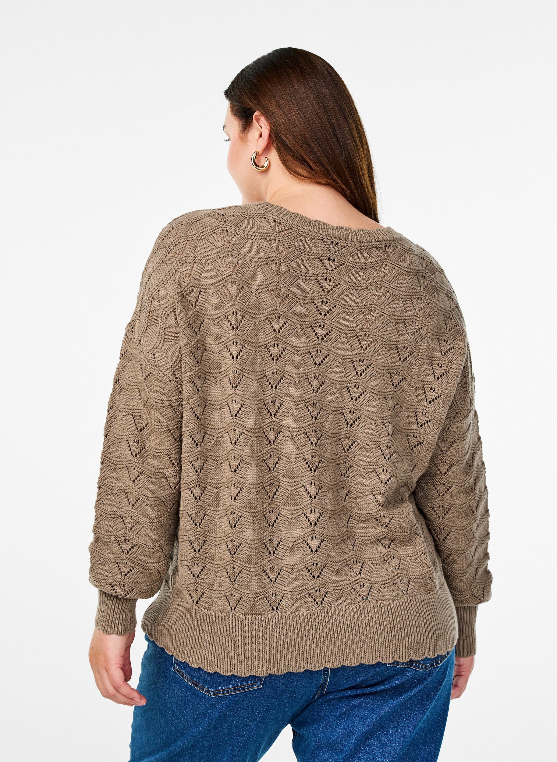 Zizzi Chemisier &agrave; manches longues en tricot avec motif ajour&eacute;, Desert Taupe, Model image number 1