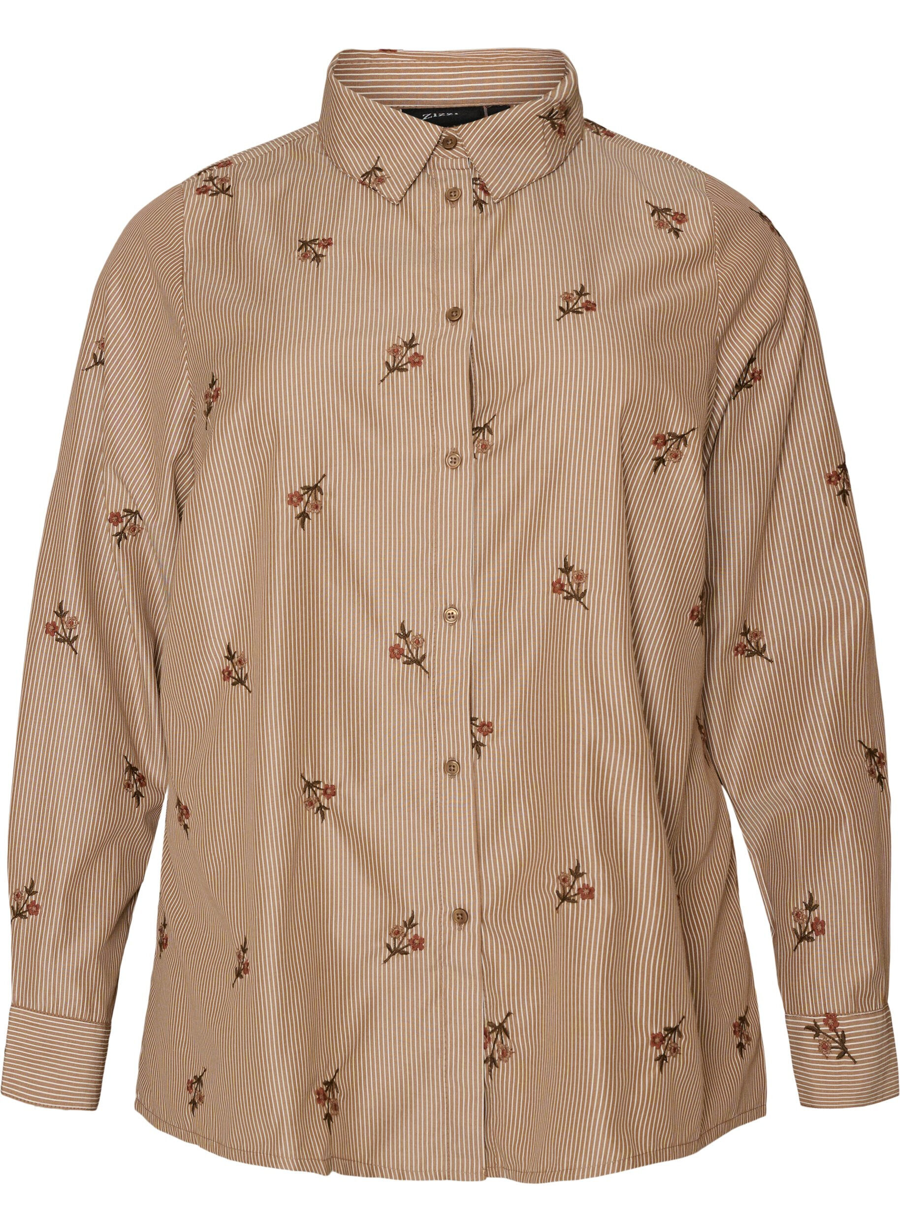 ZizziChemise &agrave; rayures avec fleurs brod&eacute;es, Marron, Packshot image number 0