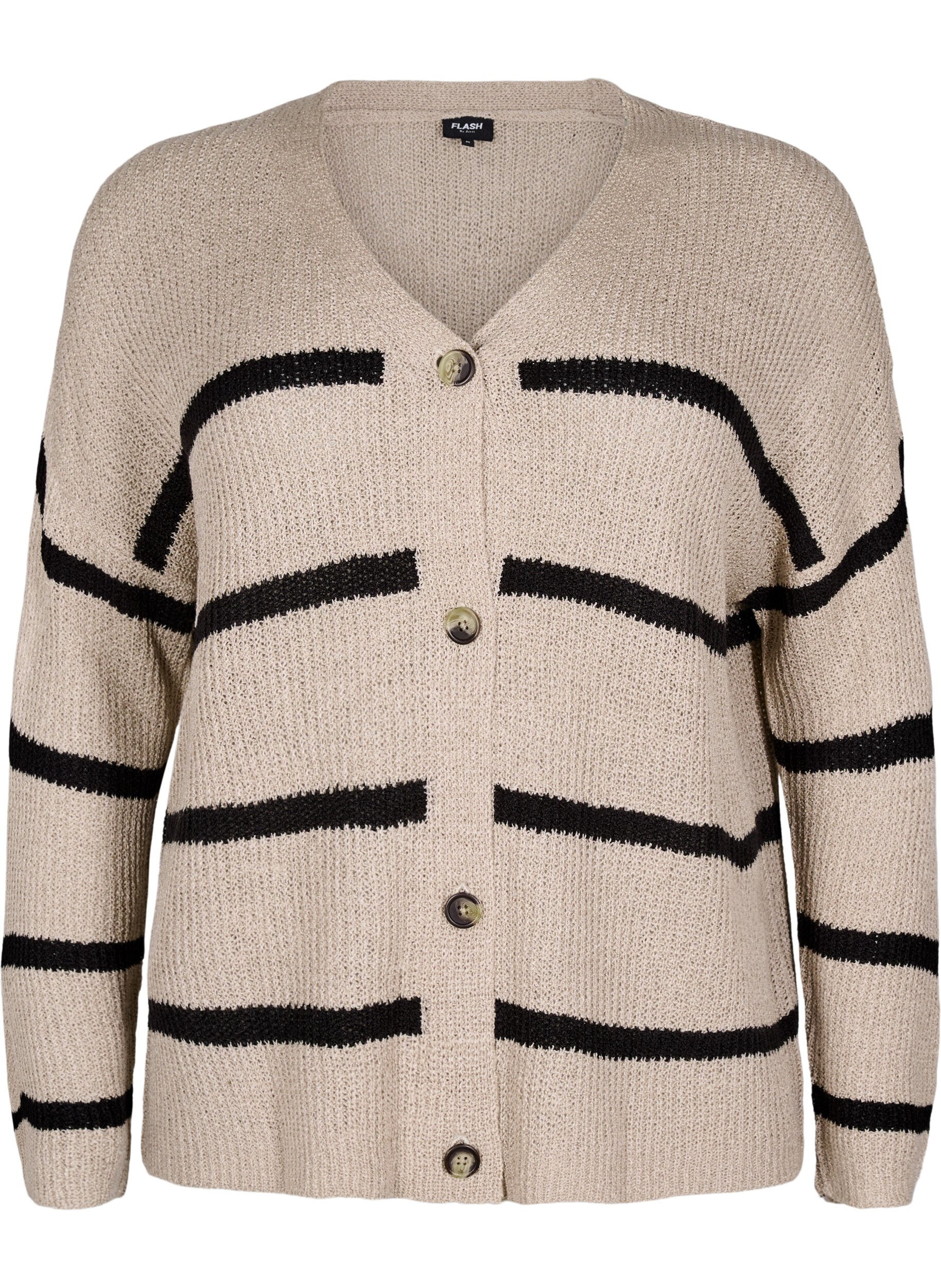 Zizzi FLASH - Cardigan en tricot avec rayures et boutons, Beige, Packshot image number 0