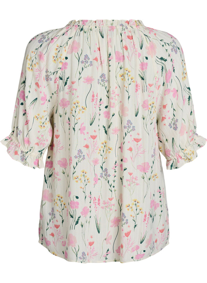 Blouse en viscose &agrave; fleurs avec manches mi-longues, Vanille, Packshot image number 1