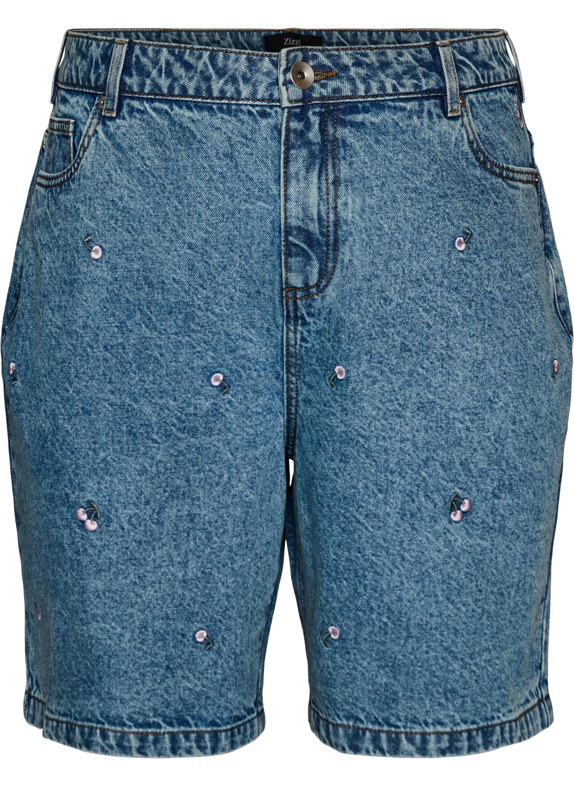 Zizzi Short en jean taille haute avec des motifs brod&eacute;s, Bleu, Packshot image number 0