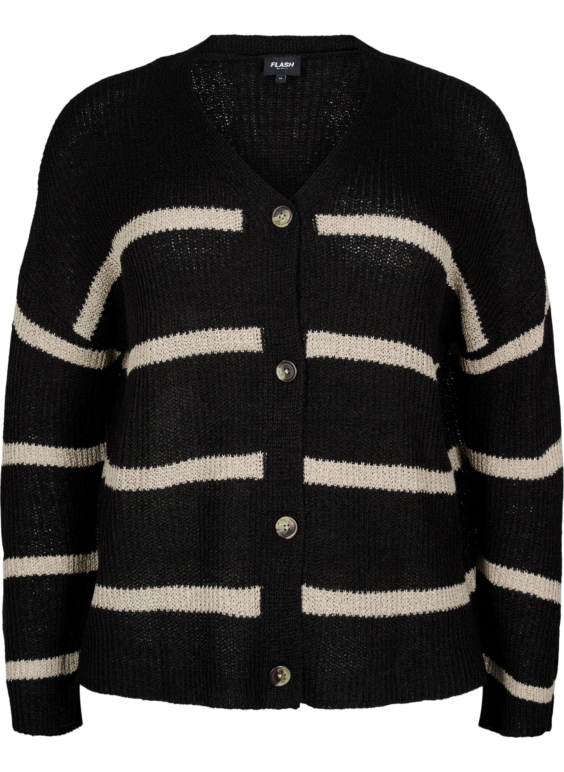 Zizzi FLASH - Cardigan en tricot avec rayures et boutons, Noir, Packshot image number 0