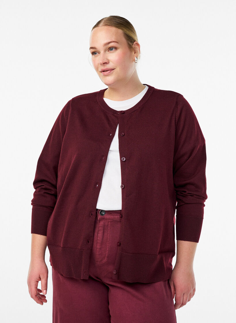 Cardigan en maille fine avec col rond, Bordeaux, Model image number 0