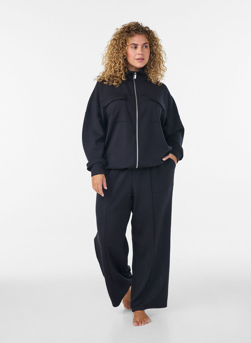 Cardigan en jersey avec fermeture &eacute;clair et col montant, Noir, Model image number 1