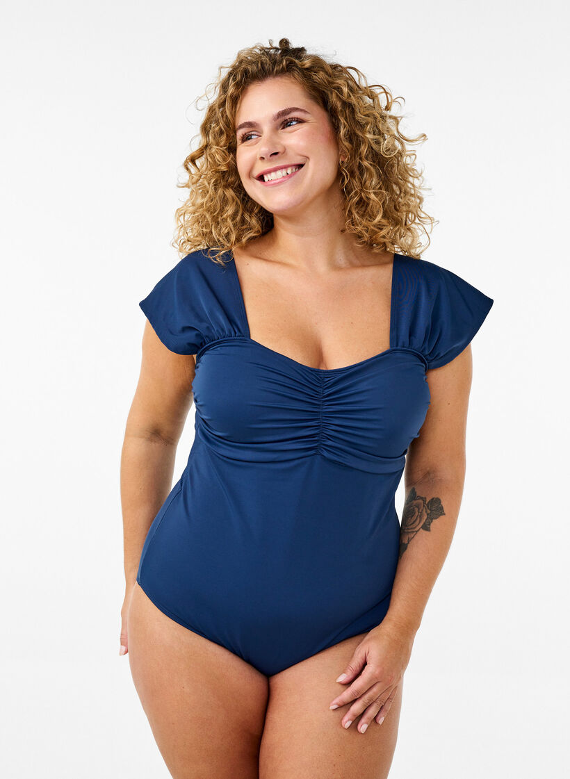 Maillot de bain à manches courtes et drapé avec détails, Bleu, Model image number 1