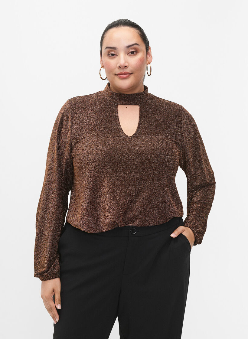 Blouse scintillante à manches longues avec décolleté arrondi et détail en V, Black Copper, Model image number 0