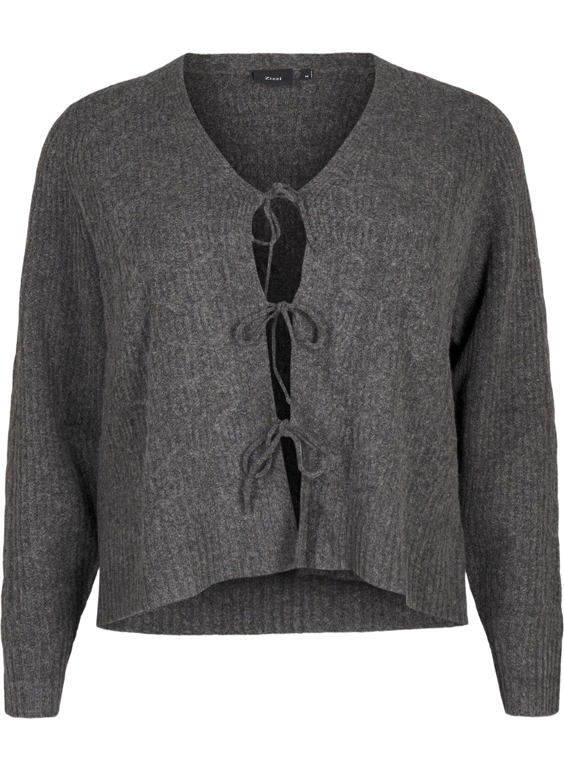 Zizzi Cardigan en maille avec lien &agrave; nouer, Dark Grey Melange, Packshot image number 0