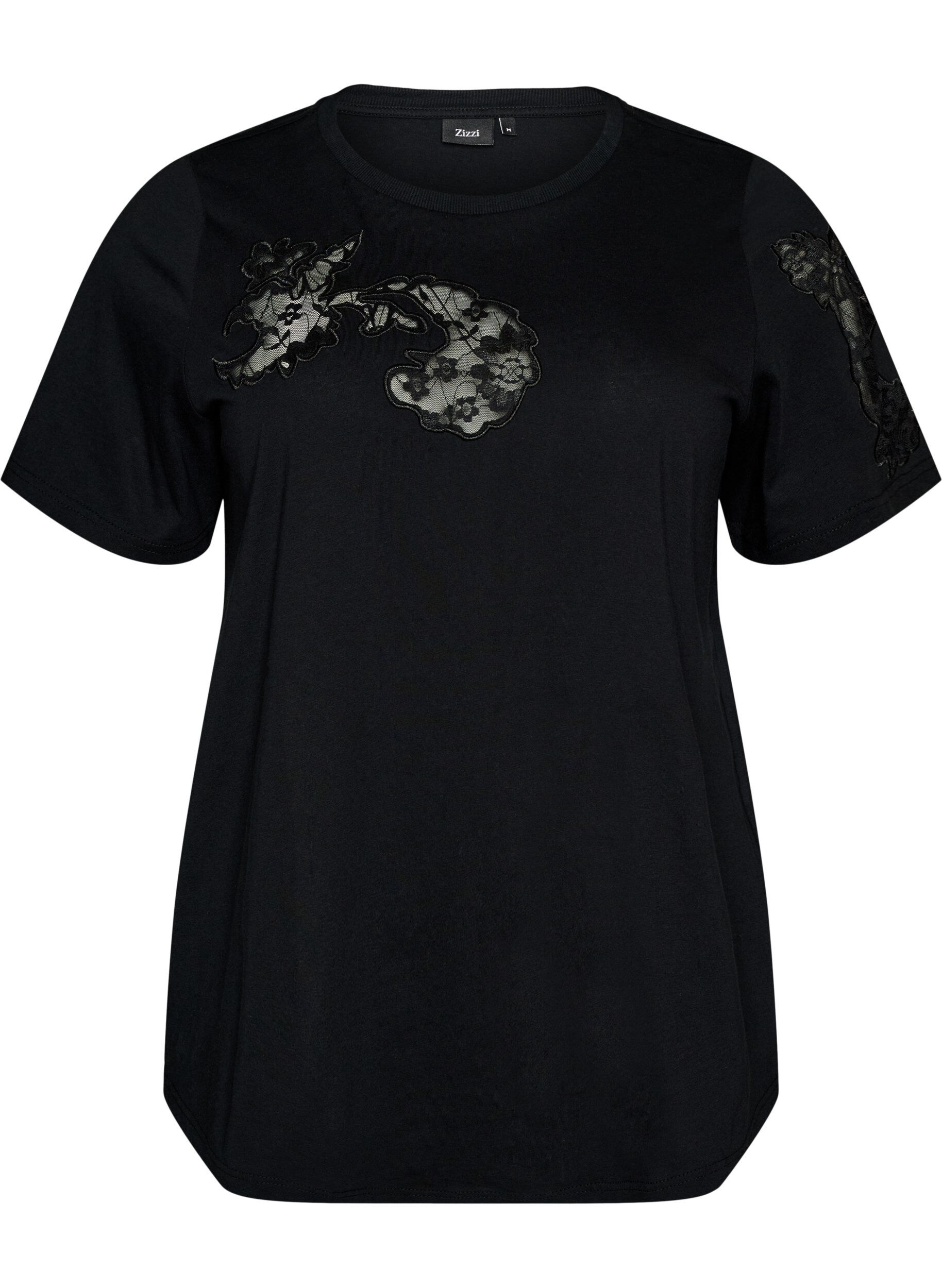 ZizziT-shirt en coton avec appliqu&eacute;s en dentelle, Noir, Packshot image number 0