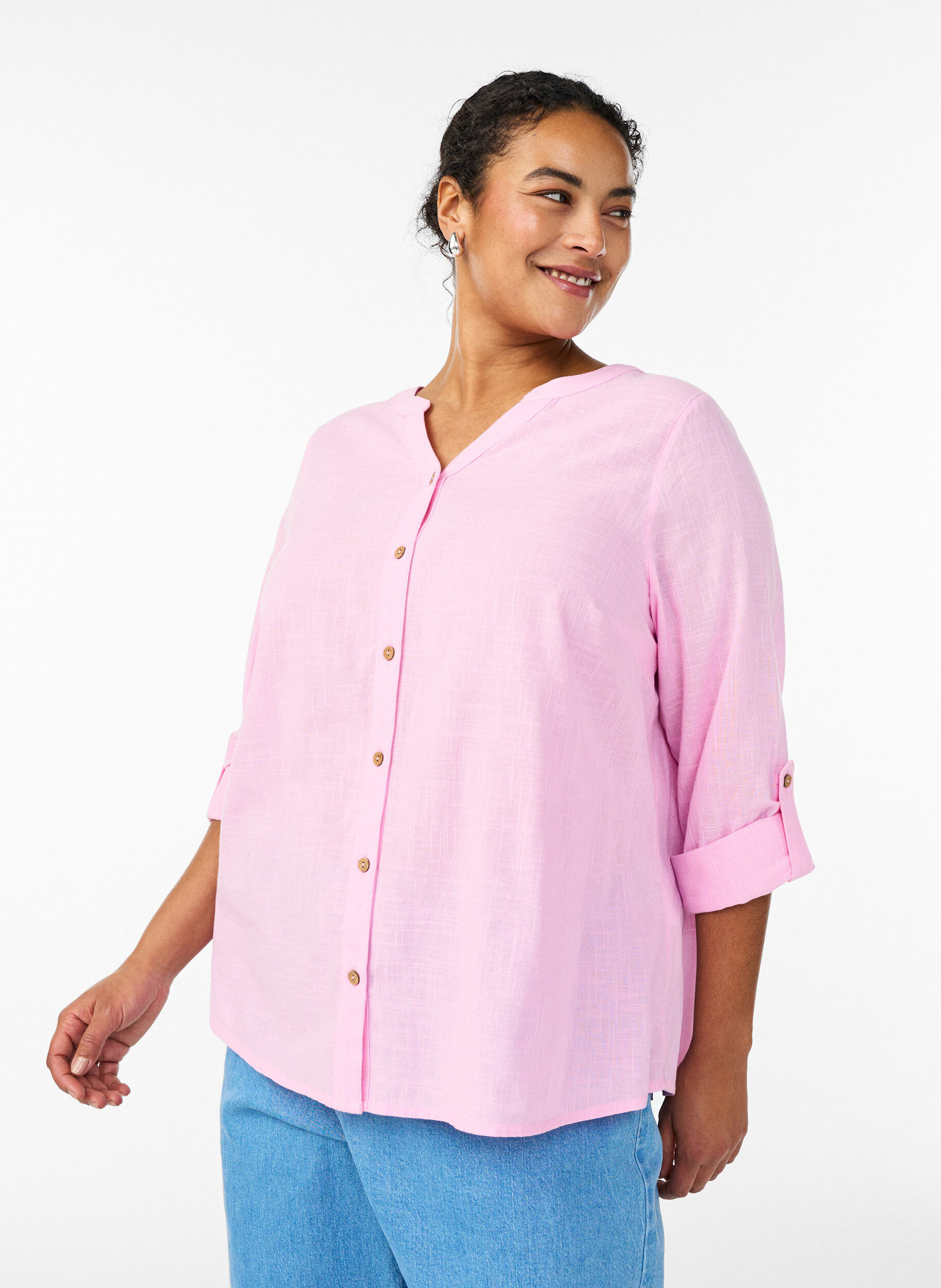 Chemisier en coton avec col en V, Rose, Model