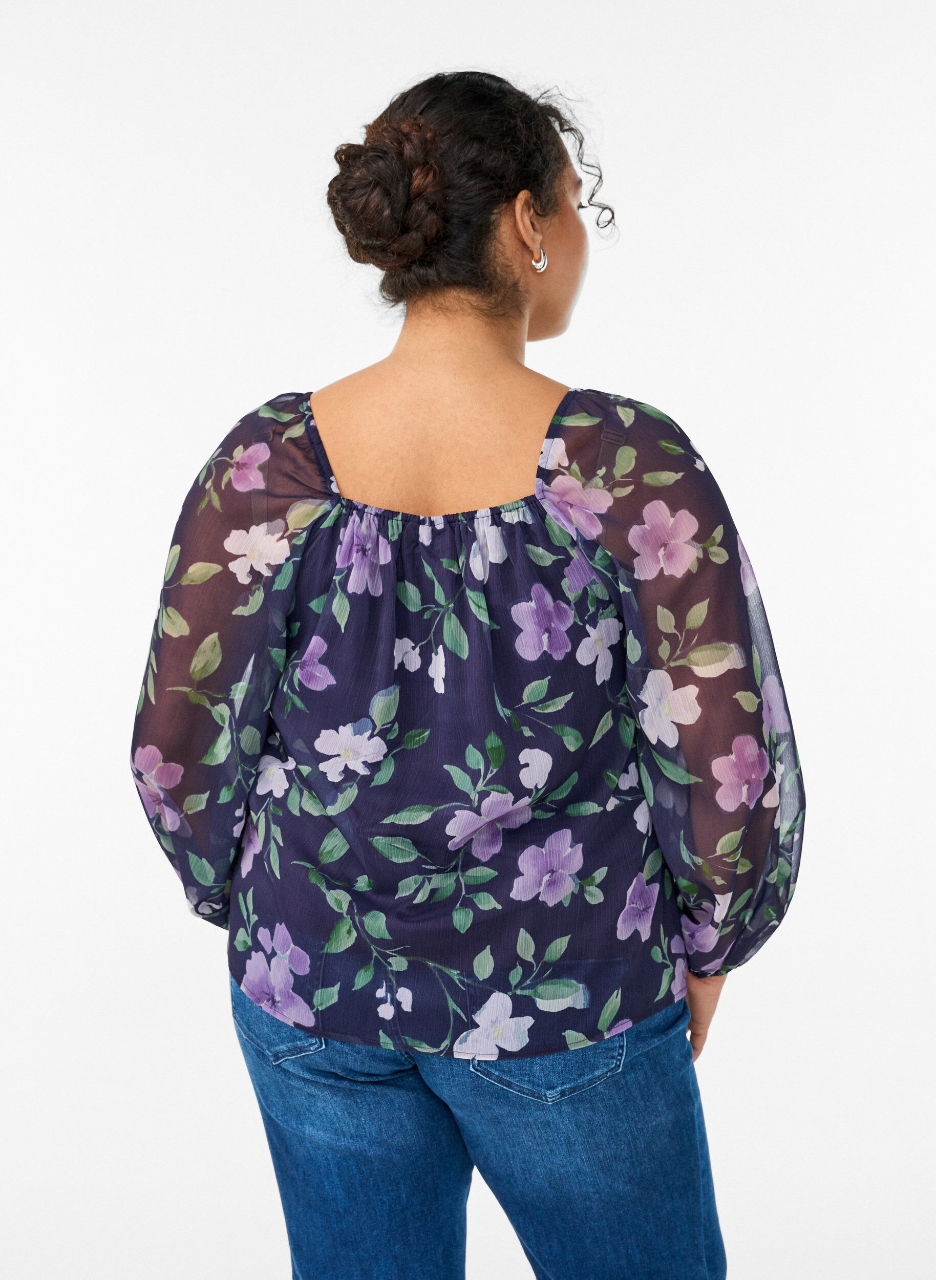 ZizziChemisier en mousseline avec imprim&eacute; floral et manches longues, Bleu, Model image number 2