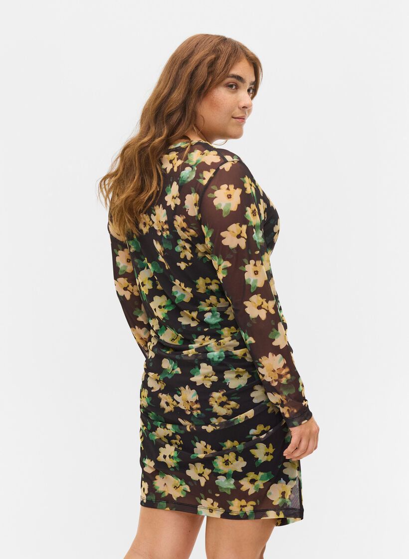 Robe en maille mesh ajust&eacute;e avec manches 3/4, Yellow Green AOP, Model image number 1