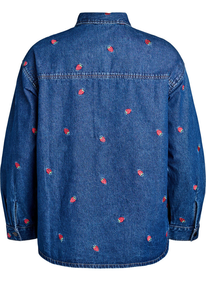 Chemise en denim avec des fraises brodées, Bleu, Packshot image number 1