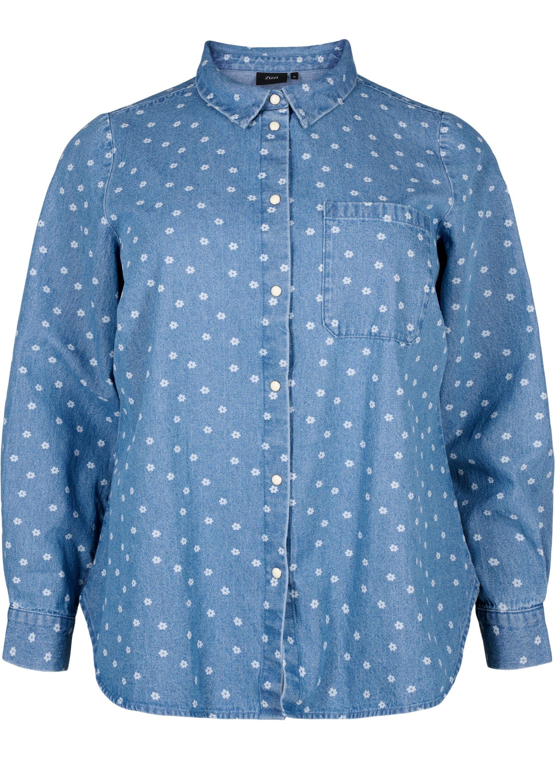 Zizzi Chemise en jean florale avec une poche de poitrine, Light Blue w.Flowers, Packshot image number 0