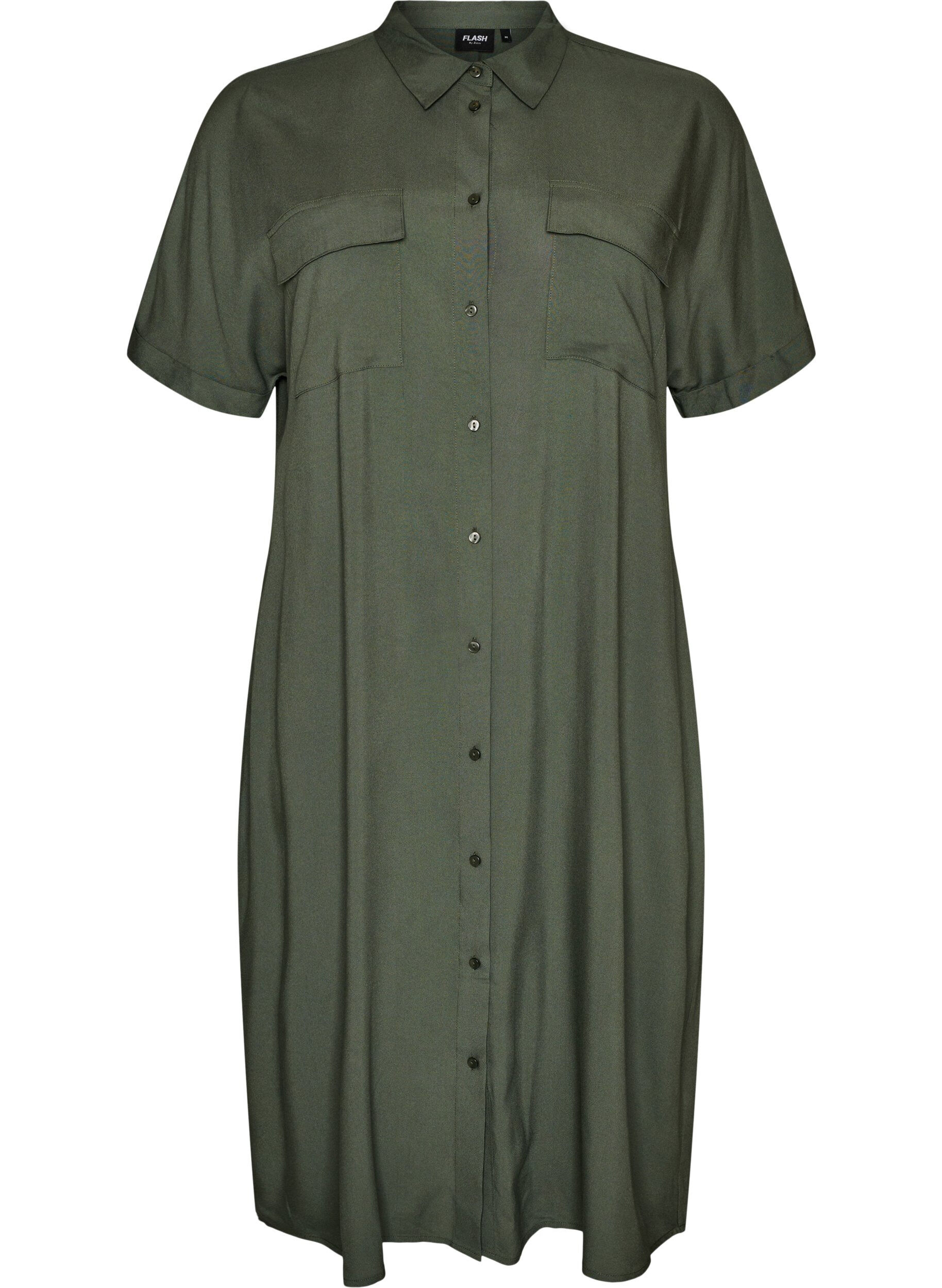 Zizzi Robe chemise longue avec manches courtes, Vert, Packshot image number 0