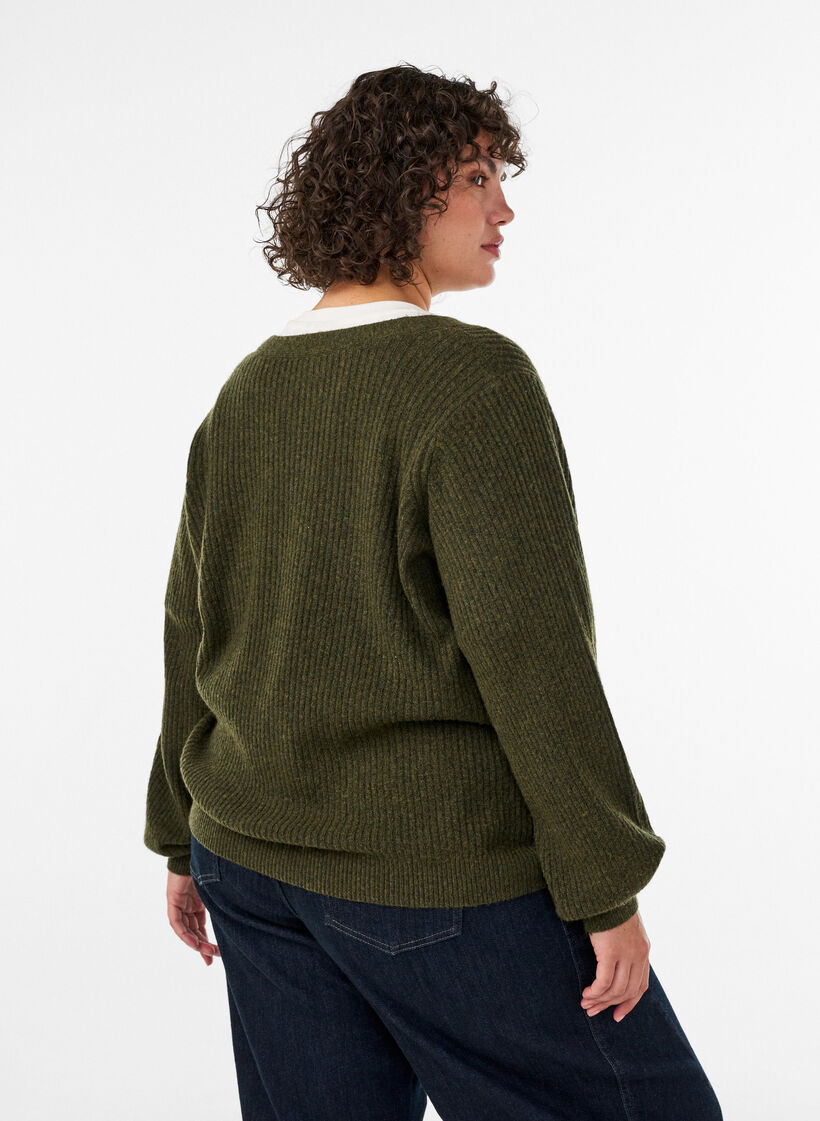 Cardigan avec col en V et texture c&ocirc;tel&eacute;e, Vert fonc&eacute;, Model image number 2
