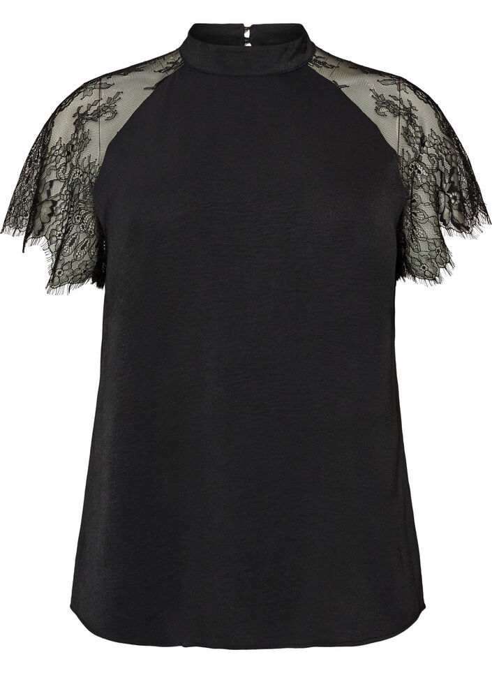 Blouse &agrave; col montant avec manches courtes en dentelle, Noir, Packshot image number 0