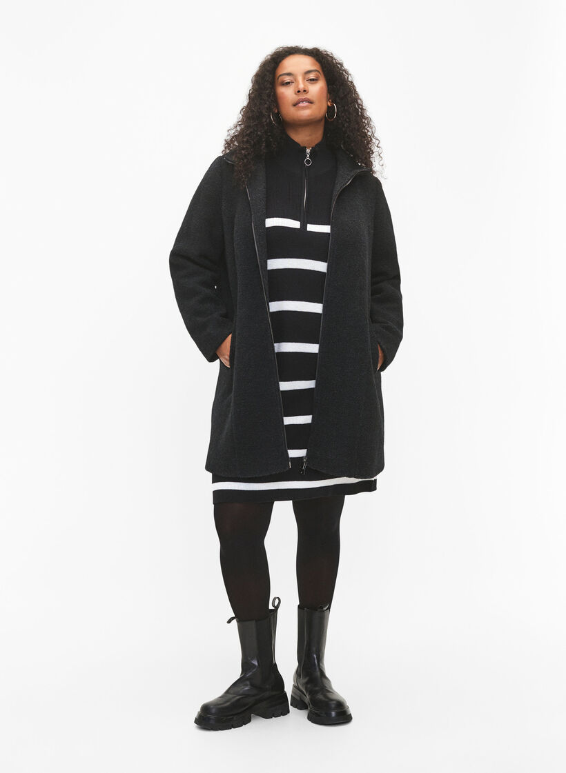 Manteau en bouclette mélangée avec fermeture éclair, Black Mel., Model image number 2