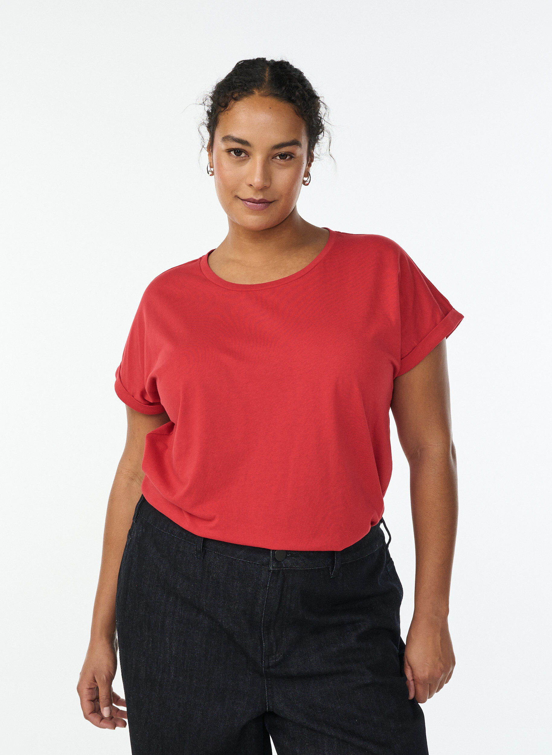 T-shirt &agrave; manches courtes en coton m&eacute;lang&eacute;, Rouge, Model