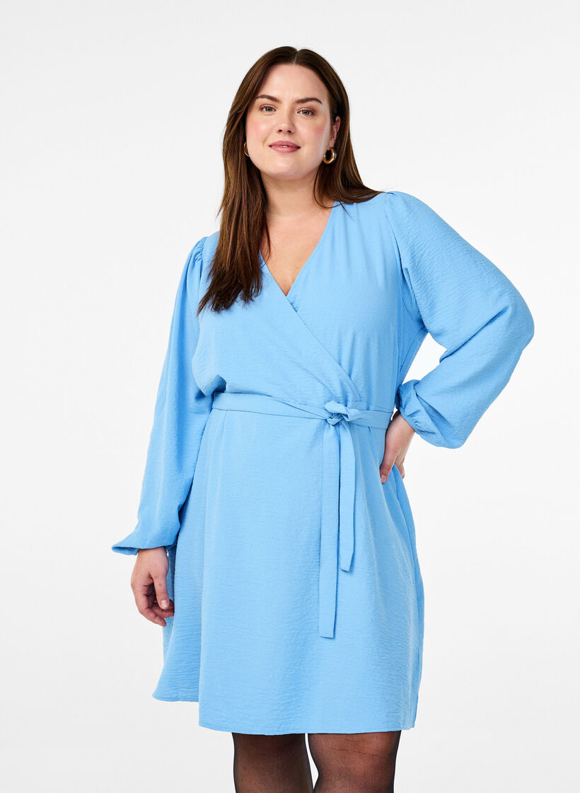 Robe courte portefeuille avec ceinture à nouer, Bleu Clair, Model image number 0