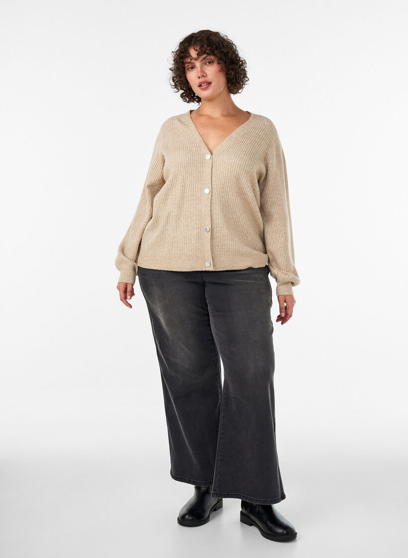 Cardigan avec col en V et texture c&ocirc;tel&eacute;e, Beige, Model image number 1