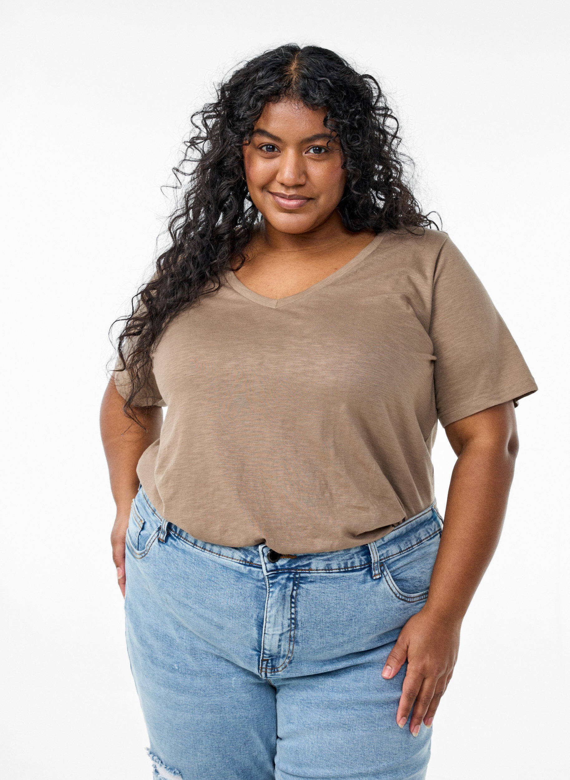 T-shirt basique &agrave; manches courtes avec col en V, Marron, Model