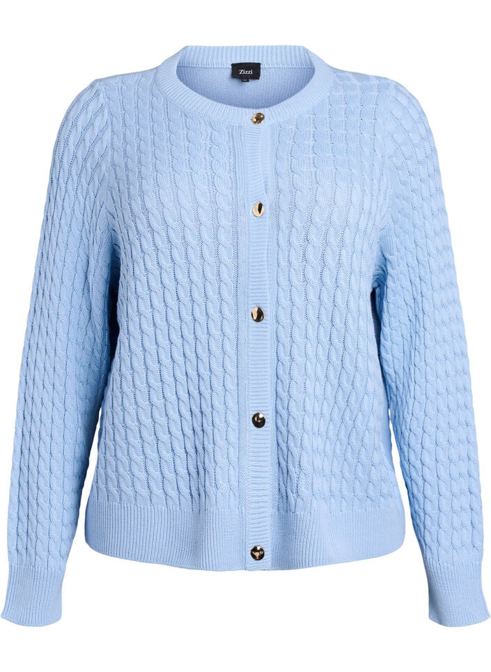 Cardigan en maille torsad&eacute;e avec boutons dor&eacute;s, Bleu, Packshot