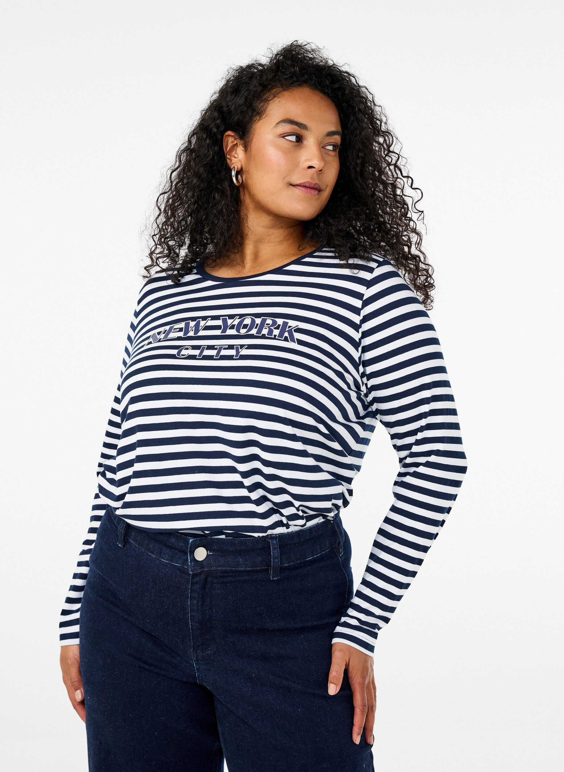 Zizzi Chemisier &agrave; rayures et motif, White w.Navy Stripe, Model image number 0