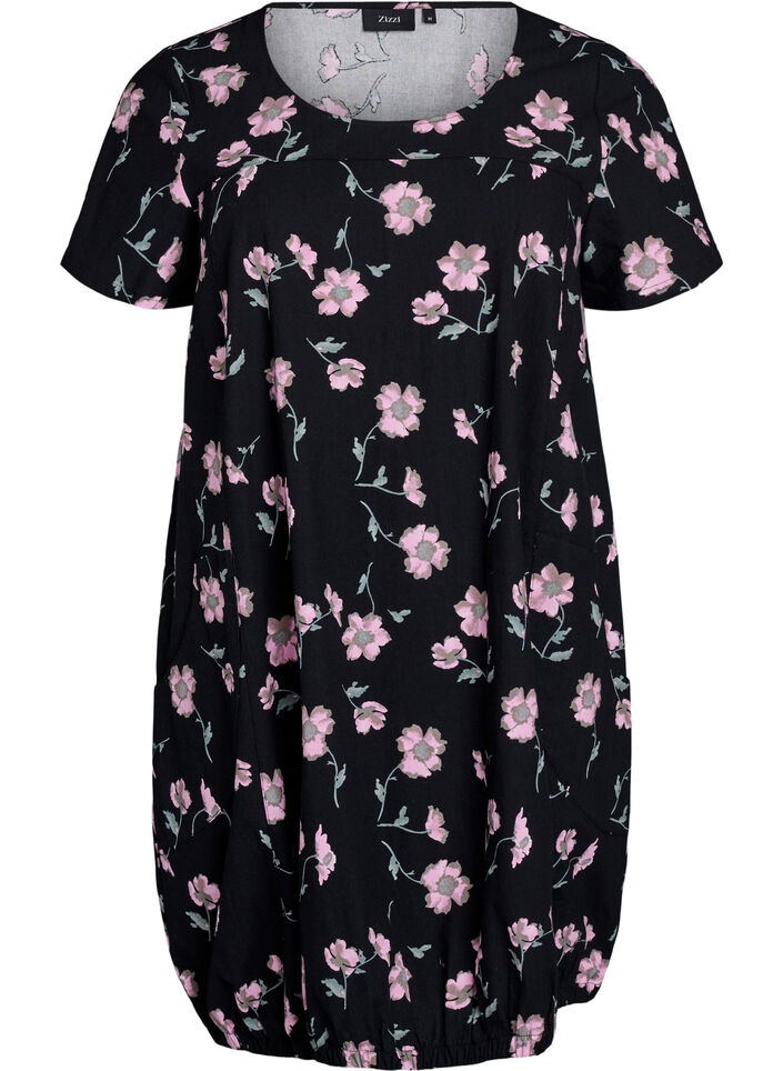 Robe en coton &agrave; manches courtes avec imprim&eacute;, Noir, Packshot image number 0