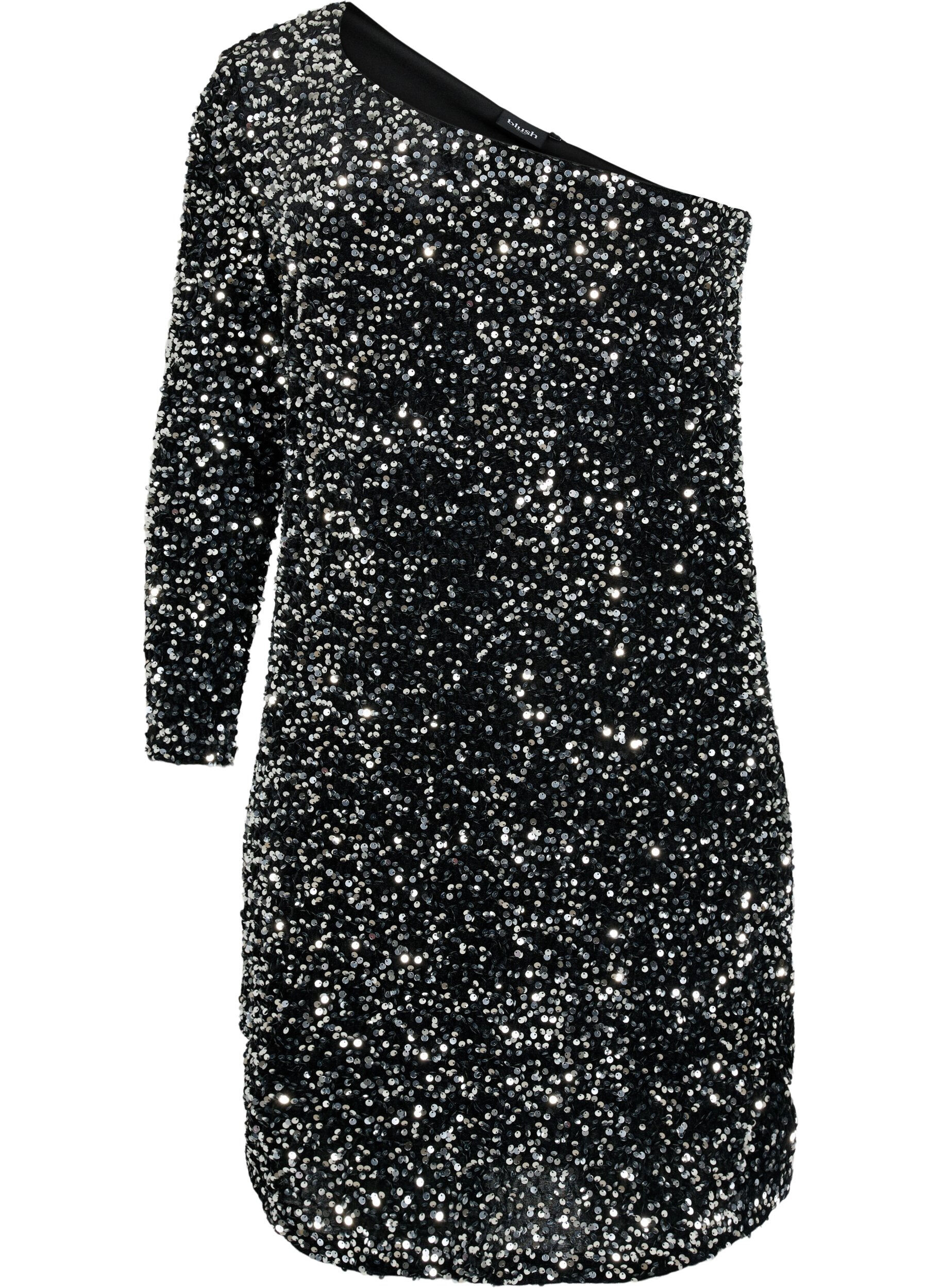 Zizzi Robe courte &agrave; sequins, coupe asym&eacute;trique une &eacute;paule d&eacute;nud&eacute;e, Black/Silver Sequins, Packshot image number 0