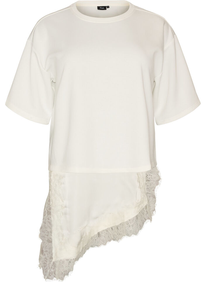 Blouse en jersey avec effet superpos&eacute; et dentelle, Vanille, Packshot image number 0