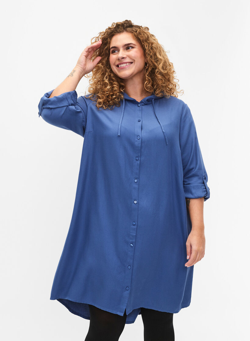 Robe chemise en viscose avec capuche et manches 3/4, Moonlight Blue, Model image number 0
