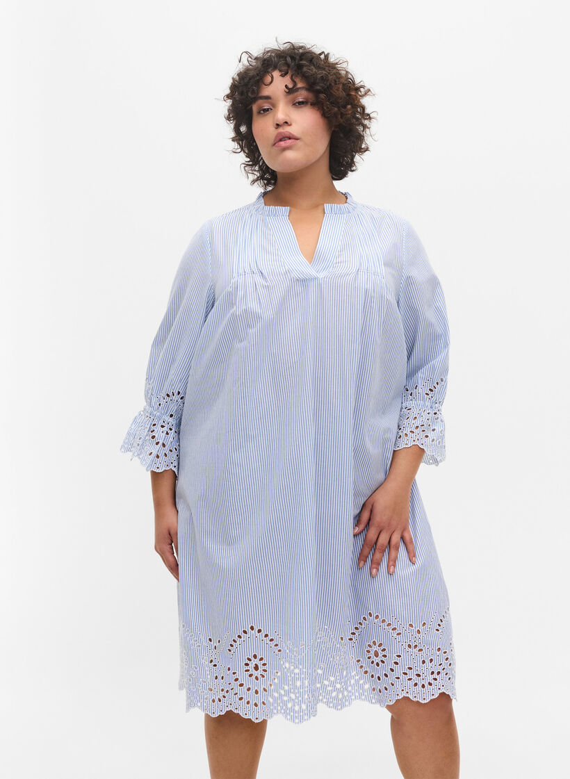 Robe en coton avec rayures et broderie anglaise, Blue Stripe, Model image number 0