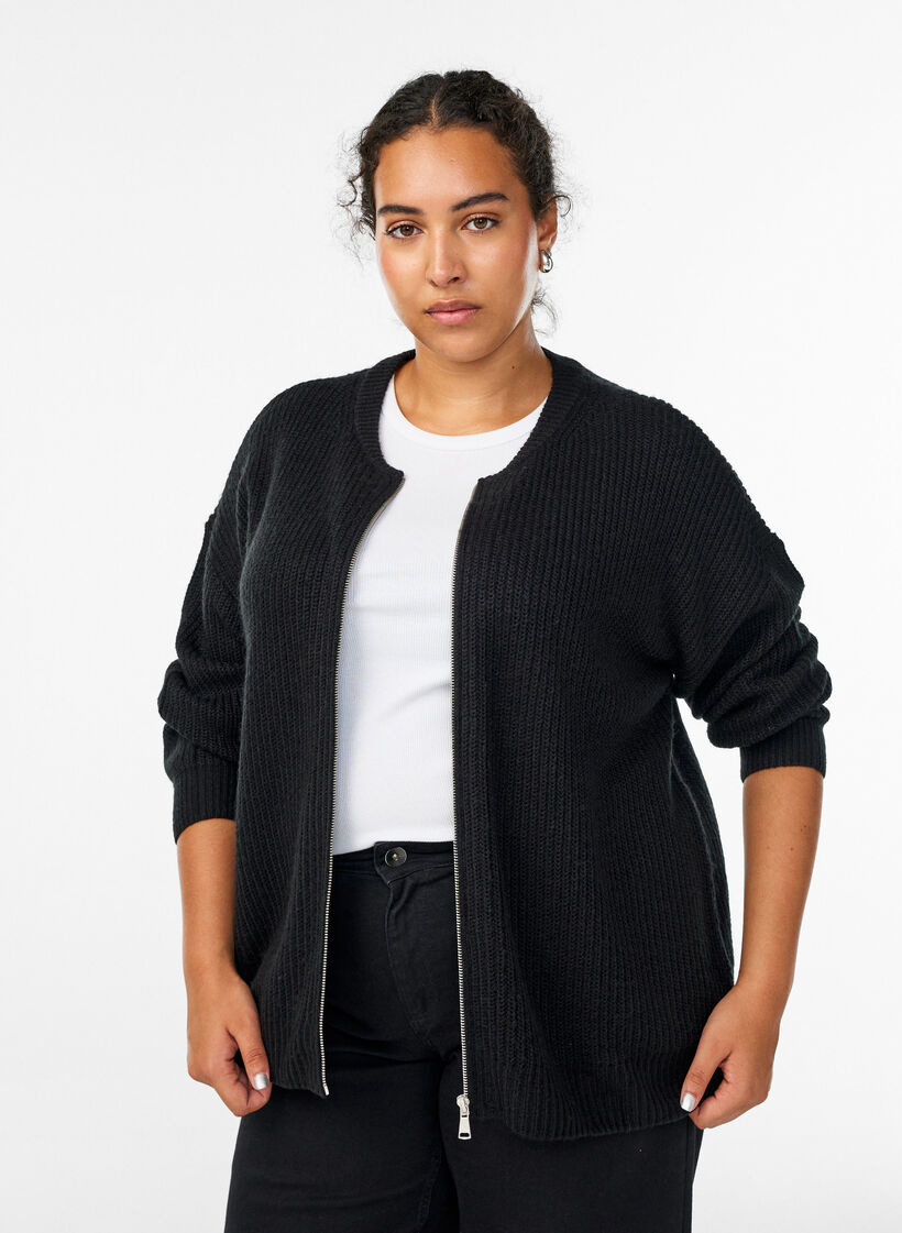 Cardigan en maille avec zip, Noir, Model image number 0